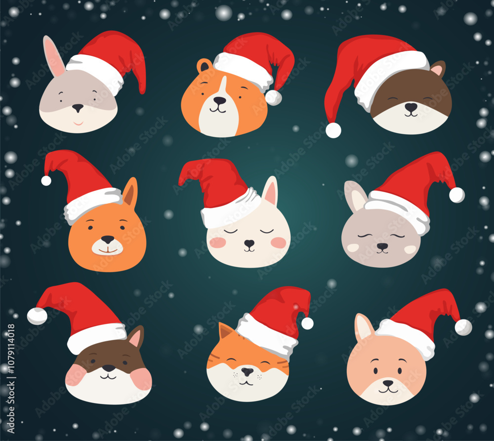 Set of Christmas cartoon characters. New Year illustrations of cute kawaii animal heads Santa hats. Christmas stickers. Set of Christmas cartoon characters. New Year illustrations of cute kawaii animal heads Santa hats. Christmas stickers.
