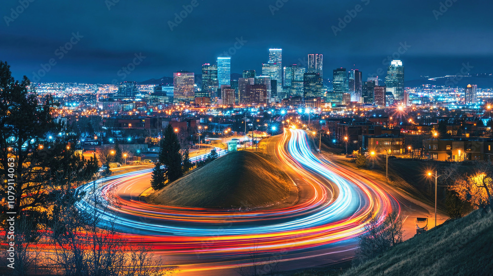 Fototapeta premium Vibrant city skyline at night with colorful light trails from flowing traffic