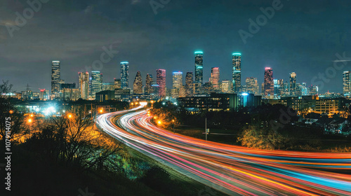 Vibrant city skyline at night with colorful light trails and long exposure traffic effects photo