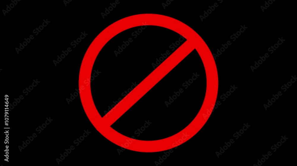Warning, stop, prohibited or no entry forbidden red circle and line symbol icon animation on a black background. Warning, stop, prohibited or no entry forbidden red circle and line symbol icon animation on a black background.