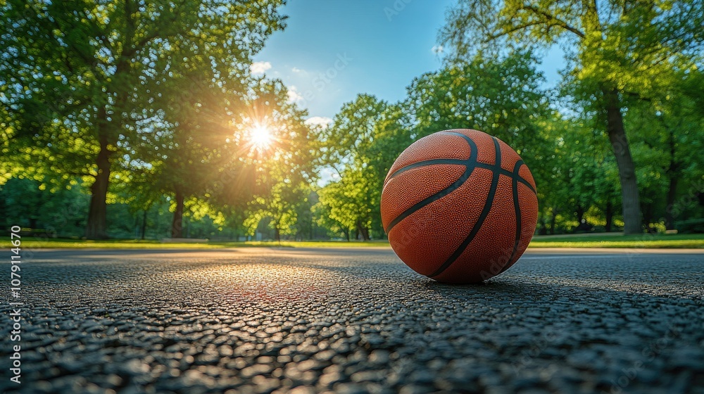 A basketball resting on the pavement in a sunny park A basketball resting on the pavement in a sunny park