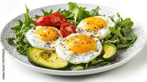 poached eggs with avocado and greens, minimalistic plate, healthy breakfast concept, isolated on white background