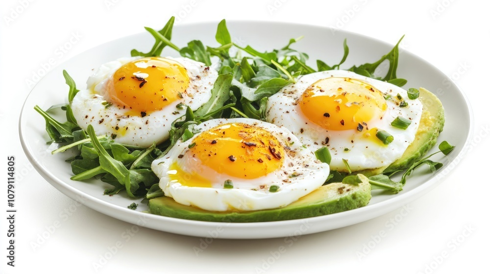 poached eggs with avocado and greens, minimalistic plate, healthy breakfast concept, isolated on white background poached eggs with avocado and greens, minimalistic plate, healthy breakfast concept, isolated on white background