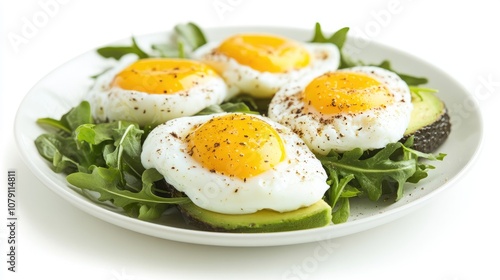 poached eggs with avocado and greens, minimalistic plate, healthy breakfast concept, isolated on white background photo