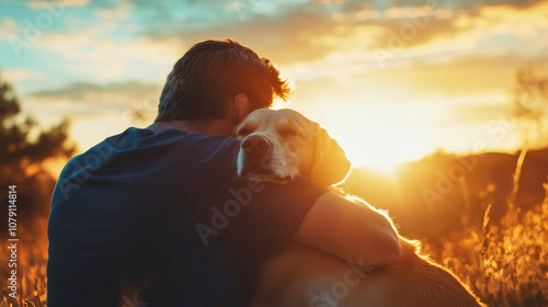 Fototapeta Naklejka Na Ścianę i Meble -  A man embraces his dog against a warm sunset backdrop, showcasing loyalty and affection