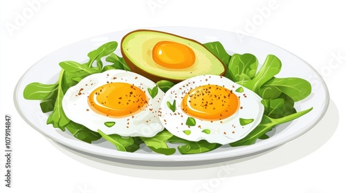 poached eggs with avocado and greens, minimalistic plate, healthy breakfast concept, isolated on white background photo