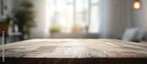 Close up of a textured wooden table surface with a softly blurred background ideal for showcasing interior design or rustic decor