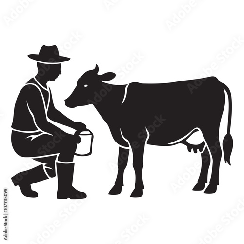 Farmer milking a cow silhouette vector art black color design and solid white background 