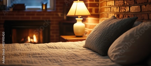 Charming bedside lamp elegantly placed atop a modestly decorated red brick fireplace enhancing cozy ambiance photo