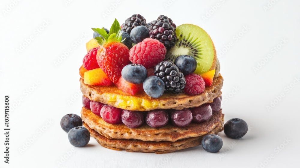 protein pancakes with fruits, stacked and neatly presented, vibrant colors, isolated on white background protein pancakes with fruits, stacked and neatly presented, vibrant colors, isolated on white background