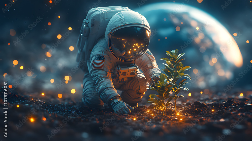 A spacewalker in a spacesuit planting a small plant on the surface of the moon, symbolizing humanity’s exploration and connection with nature in outer space, evoking feelings of hope, innovation, and A spacewalker in a spacesuit planting a small plant on the surface of the moon, symbolizing humanity’s exploration and connection with nature in outer space, evoking feelings of hope, innovation, and