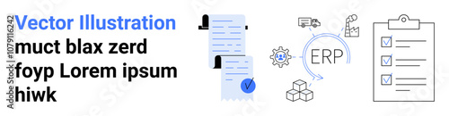ERP system diagram with documents, gear, arrows, truck, cubes, checklist. Ideal for process automation, workflow management, enterprise solutions logistics project planning task management