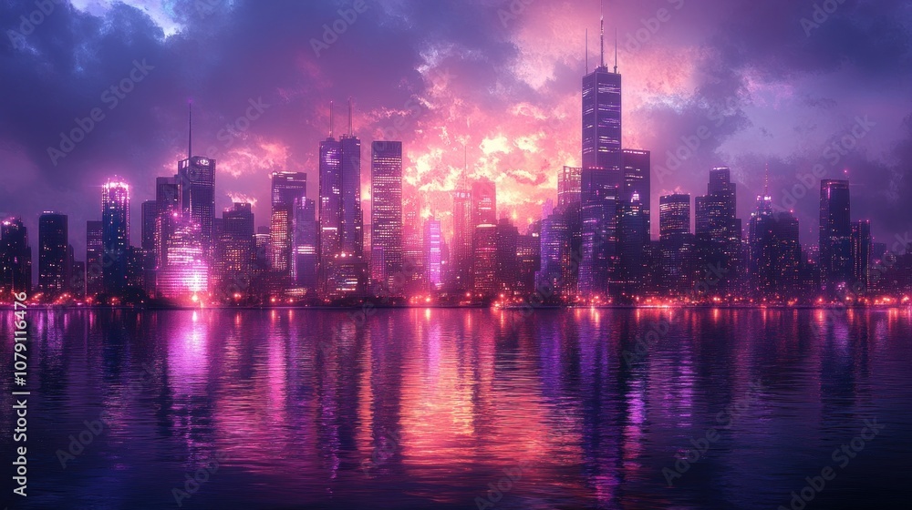 Obraz premium A vibrant cityscape with a pink and purple sunset reflected on the water.