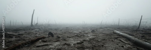 Foggy battlefield with artillery debris and barbed wire