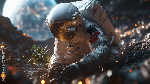 A spacewalker in a spacesuit planting a small plant on the surface of the moon, symbolizing humanity’s exploration and connection with nature in outer space, evoking feelings of hope, innovation, and  photo