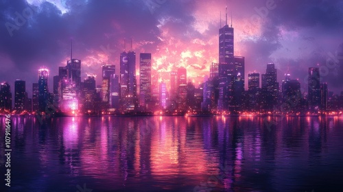 Wallpaper Mural A vibrant cityscape with a pink and purple sunset reflected on the water. Torontodigital.ca