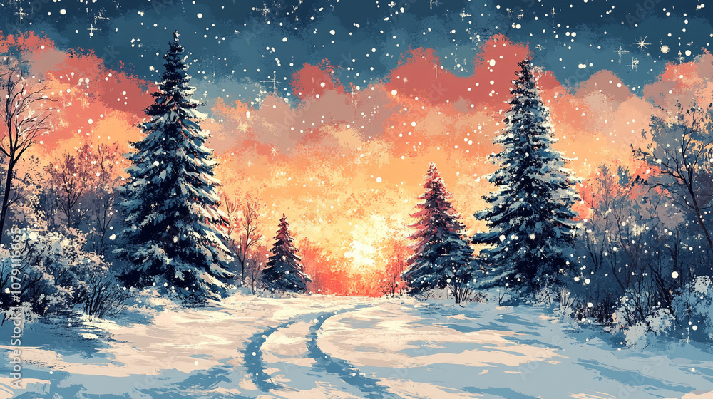 Snow-covered landscape with evergreen trees at sunset during winter Snow-covered landscape with evergreen trees at sunset during winter