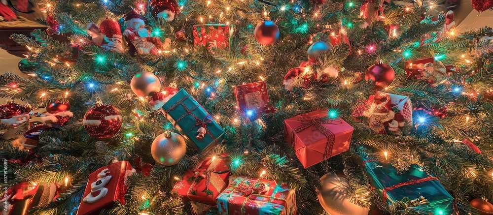 Close up of a beautifully decorated Christmas tree adorned with twinkling fairy lights and vibrant gift boxes ideal for holiday themes Close up of a beautifully decorated Christmas tree adorned with twinkling fairy lights and vibrant gift boxes ideal for holiday themes