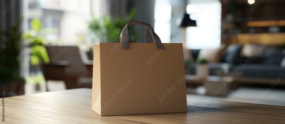 Cardboard bag featuring custom text placed on a table with a cozy living room background ideal for product presentation and packaging design Cardboard bag featuring custom text placed on a table with a cozy living room background ideal for product presentation and packaging design