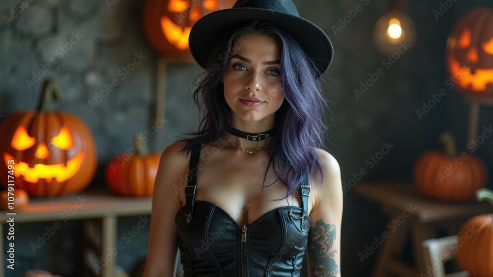 A young woman stands confidently in a leather outfit, surrounded by glowing carved pumpkins, as the warm lights create a festive Halloween atmosphere A young woman stands confidently in a leather outfit, surrounded by glowing carved pumpkins, as the warm lights create a festive Halloween atmosphere