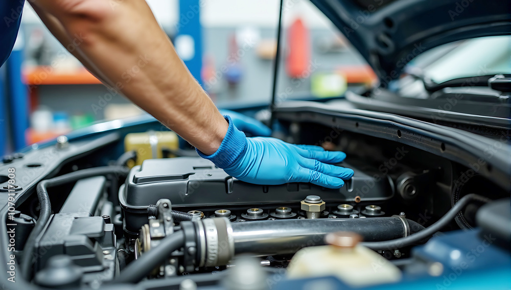 Auto repair shop, mechanic working on car engine, close-up of hands in work gloves Auto repair shop, mechanic working on car engine, close-up of hands in work gloves