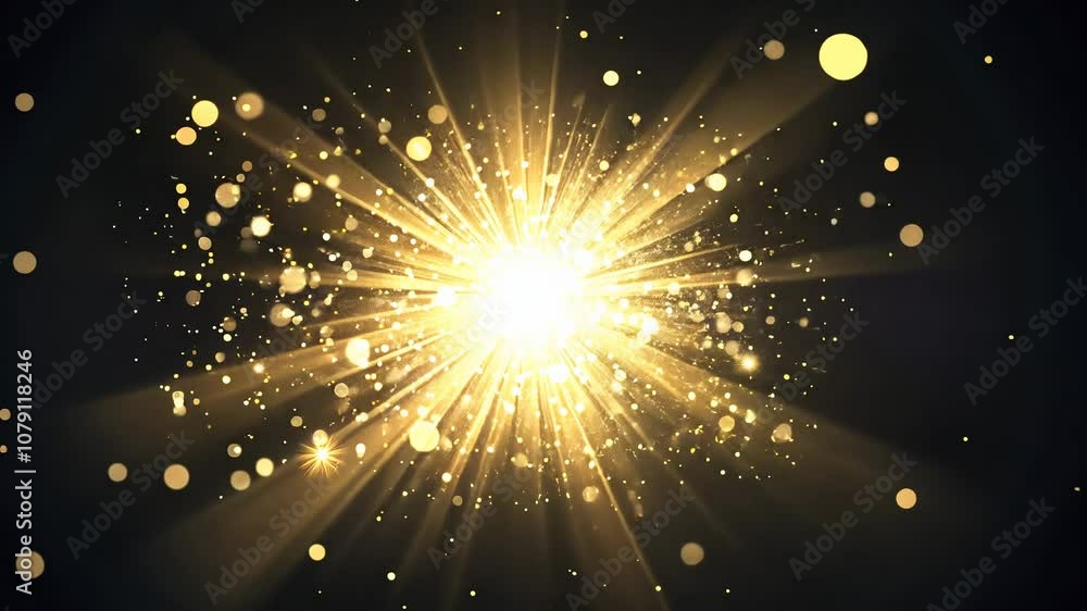 Golden burst of sparkling particles on dark background. Radiant explosion effect for festive and celebratory design.	
