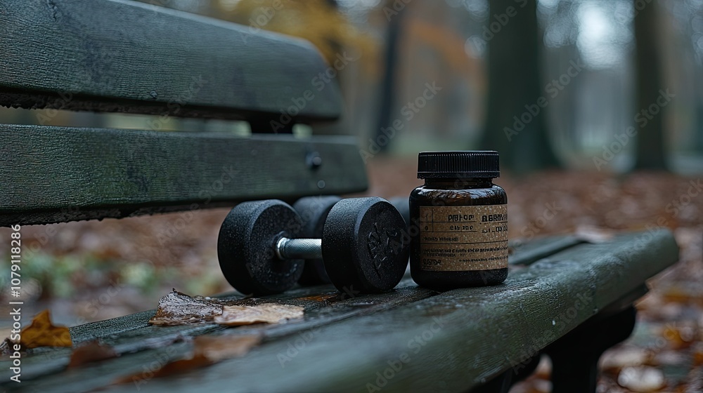 custom made wallpaper toronto digitalFitness equipment on a park bench with autumn leaves surrounding it
