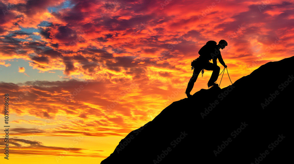 Silhouette of a climber triumphing on a mountain peak during a vibrant sunset sky Silhouette of a climber triumphing on a mountain peak during a vibrant sunset sky