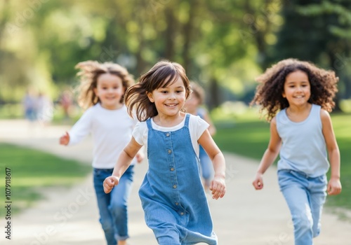 Three girls laughing and running in a park