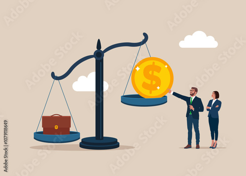 Business success. Business people with money, money on the scale. How much does the job cost, portfolio, equal pay, fair pay. Flat vector illustration 