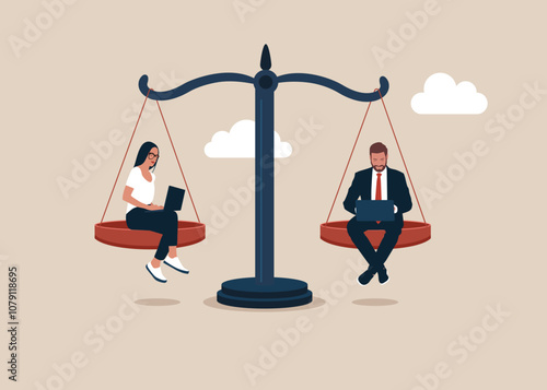 Business seesaw and balance between businessman and businesswoman. Equality of man and woman. Modern vector illustration in flat style. 