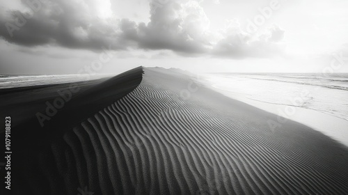 Serene landscape of black sand dunes under dramatic clouds by the ocean