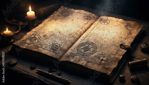 Book of Enoch with Intricate Glyphs on Antique Table Illuminated by Flickering Candles 