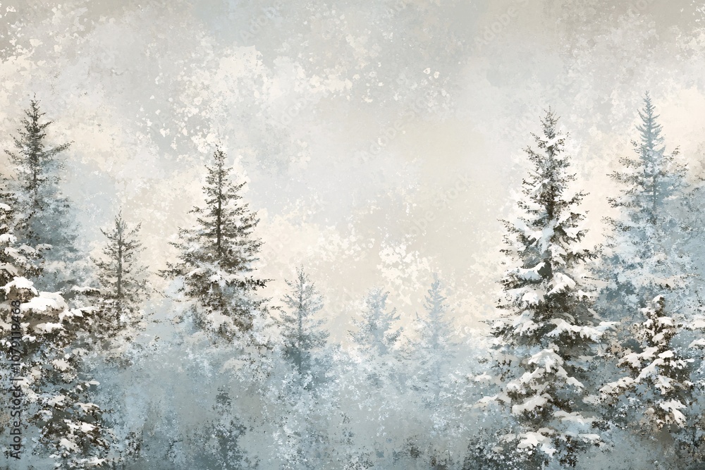 Fototapeta premium A snowy winter forest, ideal background for holiday cards and invitation text