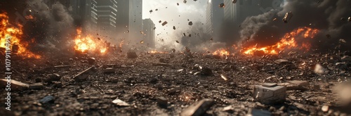 Devastated war scene with city ruins and tech debris