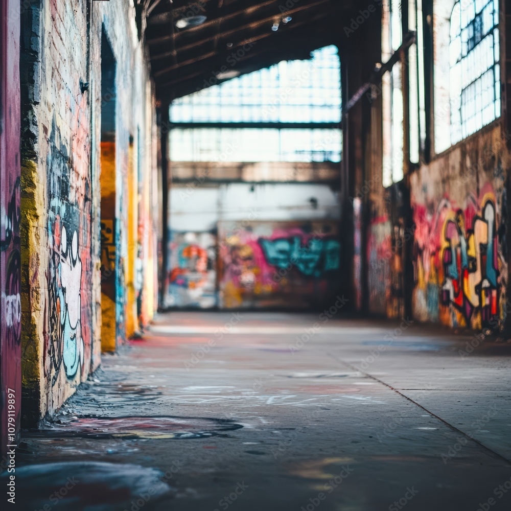 Fototapeta premium Vibrant graffiti scene with street culture selective focus expression theme whimsical blend mode warehouse walls backdrop
