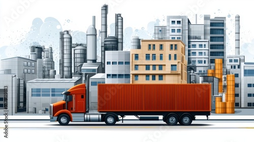 An industrial landscape featuring a delivery truck amidst factories and warehouses, showcasing transportation and logistics.