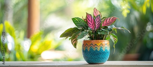 Calathea Roseopicta in a vibrant pot on a balcony surrounded by a blurred garden backdrop ideal for home decor inspiration photo