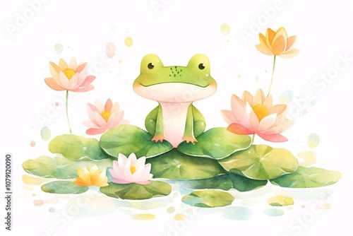 a cute frog surrounded by big lotus flowers on white background