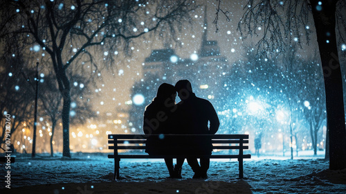 A couple enjoys a cozy moment on a park bench surrounded by falling snow and city lights