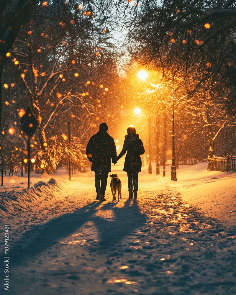 Couple with a dog strolls through a snowy park under glowing street lights at dusk Couple with a dog strolls through a snowy park under glowing street lights at dusk