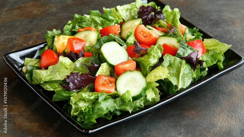 Fresh garden salad with mixed greens and vegetables on a black plate Fresh garden salad with mixed greens and vegetables on a black plate
