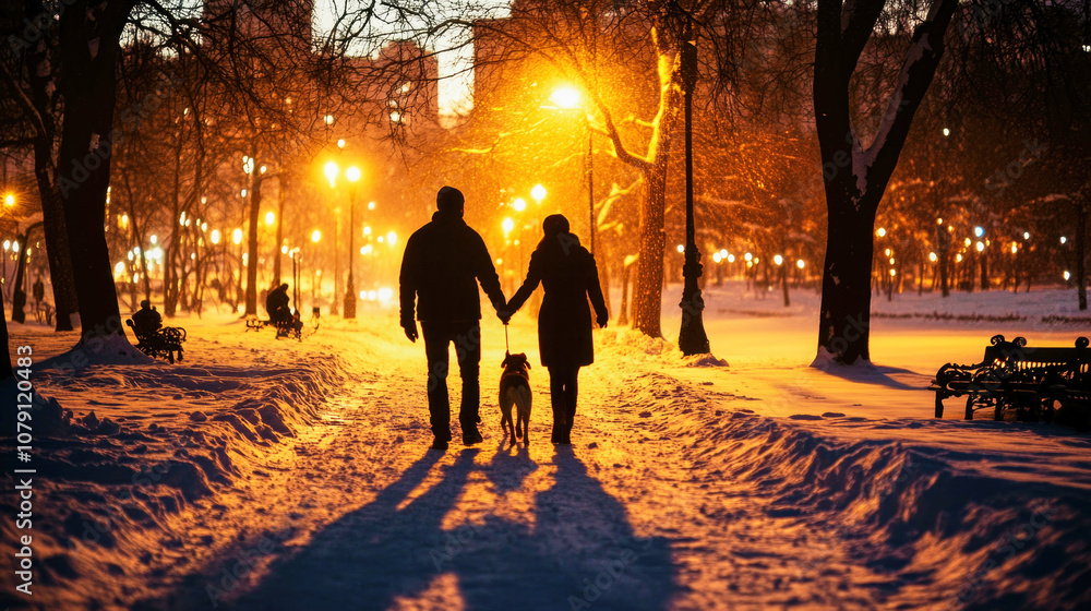 Couple walking hand in hand with their dog in a snowy city park illuminated by street lights Couple walking hand in hand with their dog in a snowy city park illuminated by street lights