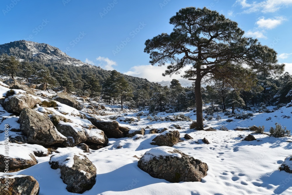 Snowy Pine Tree Majesty in Guadarrama Park: Tranquil Winter Landscape Snowy Pine Tree Majesty in Guadarrama Park: Tranquil Winter Landscape