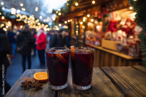 Glühwein auf einem Weihnachtsmarkt bei stimmungsvoller Beleuchtung