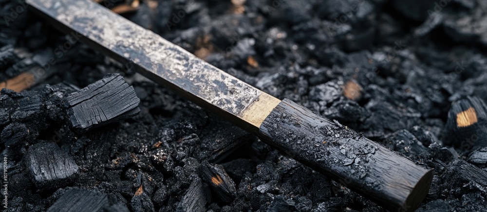 Close up of a long handled blade with ash and charred wood remnants perfect for fireplace maintenance and cleaning Close up of a long handled blade with ash and charred wood remnants perfect for fireplace maintenance and cleaning