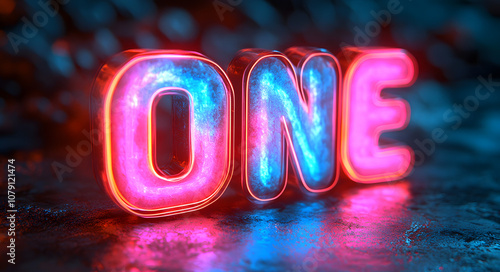 The number “1” in neon light with vibrant pink and blue colors, glowing brightly against a dark background, symbolizing uniqueness, individuality, and achievement, with the neon light effect adding a 