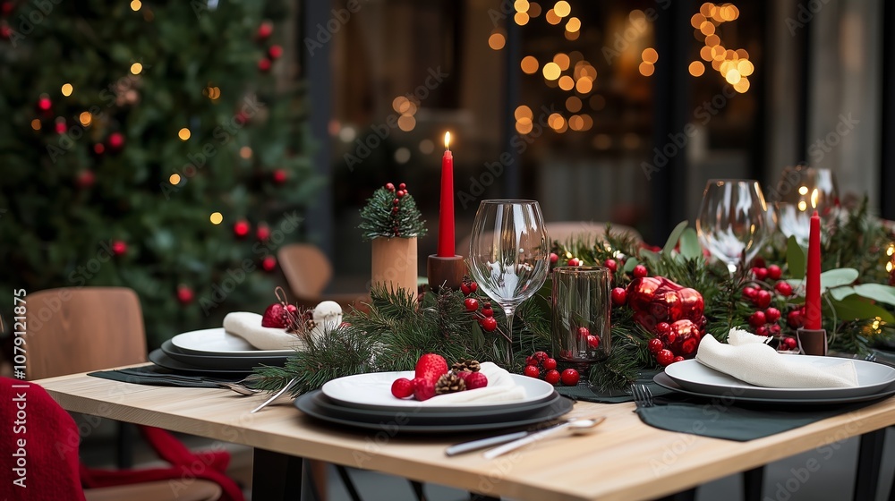 A festive table setting with red candles, pine branches, and red berries A festive table setting with red candles, pine branches, and red berries