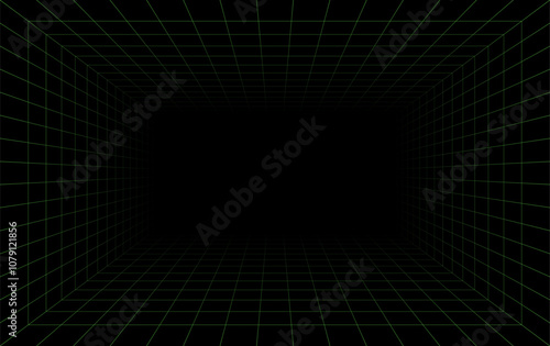 Futuristic perspective grid box. Abstract wireframe with green grid line on black background. Virtual reality landscape in 80s 90s digital style. Vector illustration.