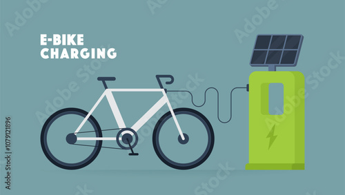Vector illustration of an electric bicycle connected to a solar-powered charging station on a blue background. Concepts of eco-friendly transportation, renewable energy, and electric mobility